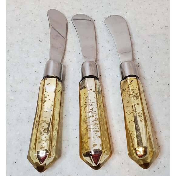 Other - Set of 3 Gold Mercury Glass Spreader Knives Silver Tone Hex Handle 6"